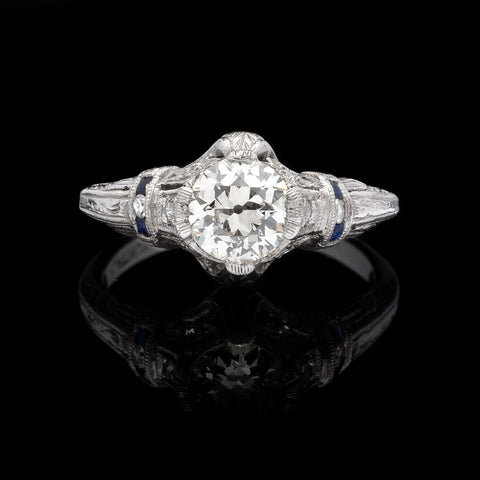 Estate Diamond and Sapphire Handmade Platinum Engagement Ring