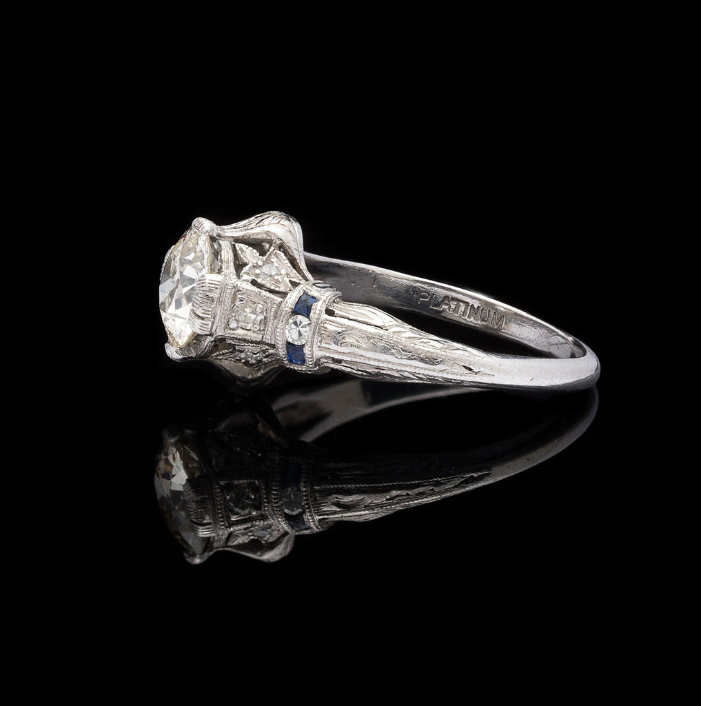 Estate Diamond and Sapphire Handmade Platinum Engagement Ring