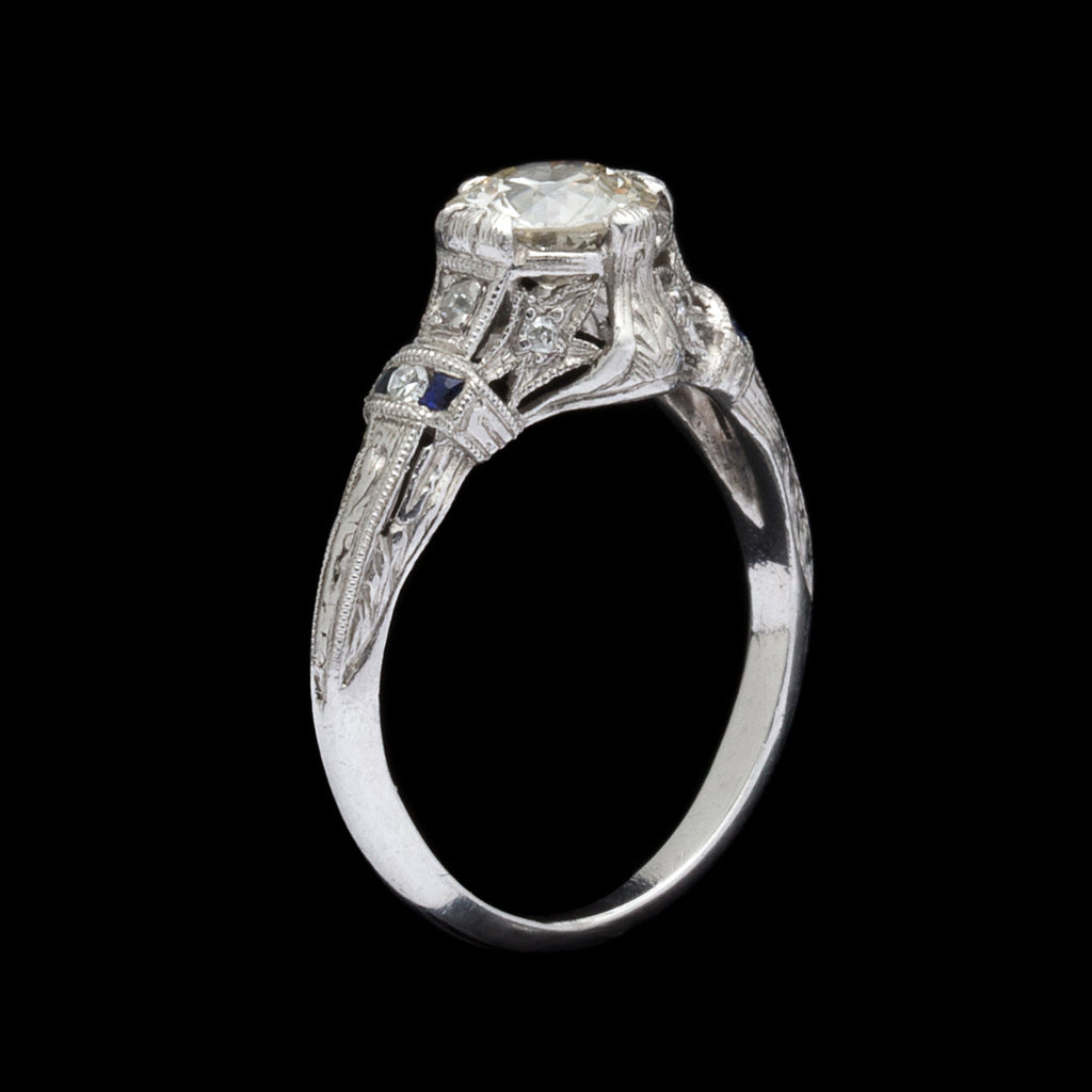 Estate Diamond and Sapphire Handmade Platinum Engagement Ring