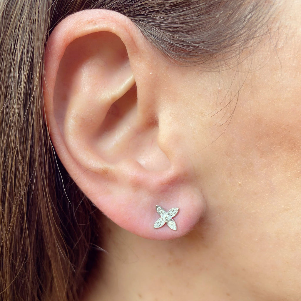 "Four Petal Flower" Diamond White Gold Earrings