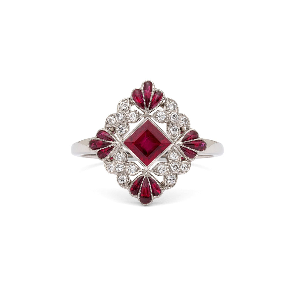 Lovely Floral Ruby & Diamond Platinum Ring