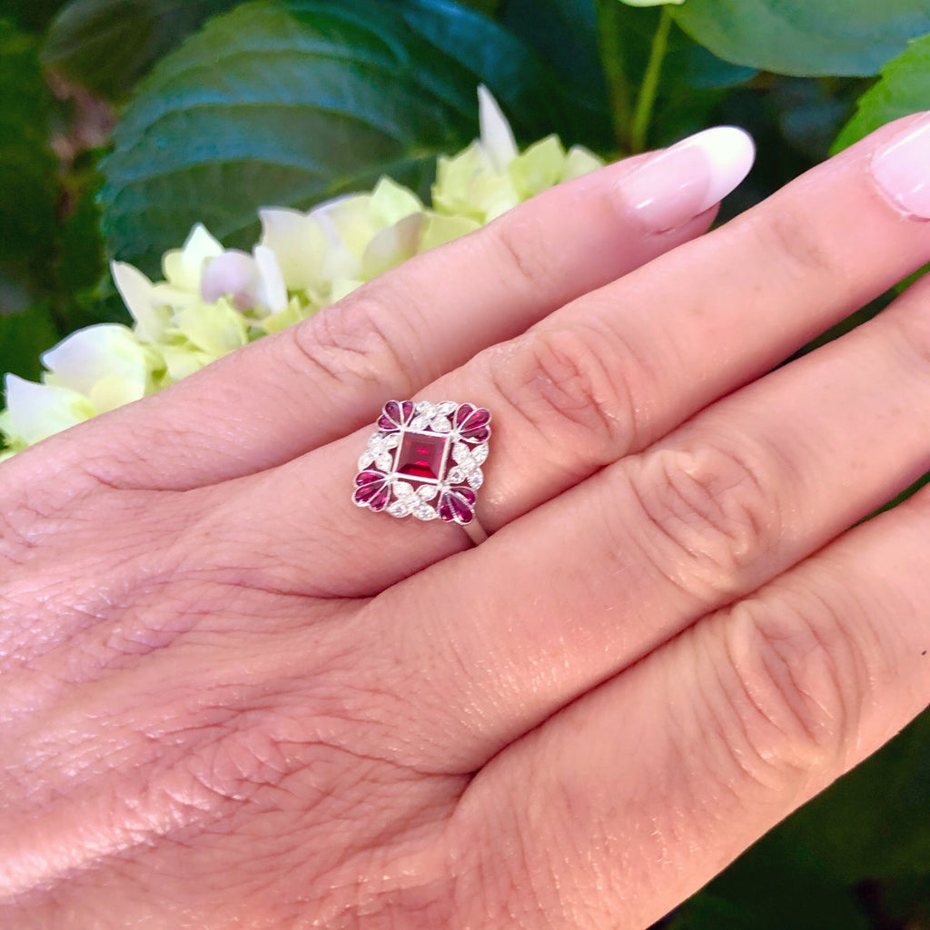 B. Gimpert:  Lovely Floral Ruby & Diamond Platinum Ring