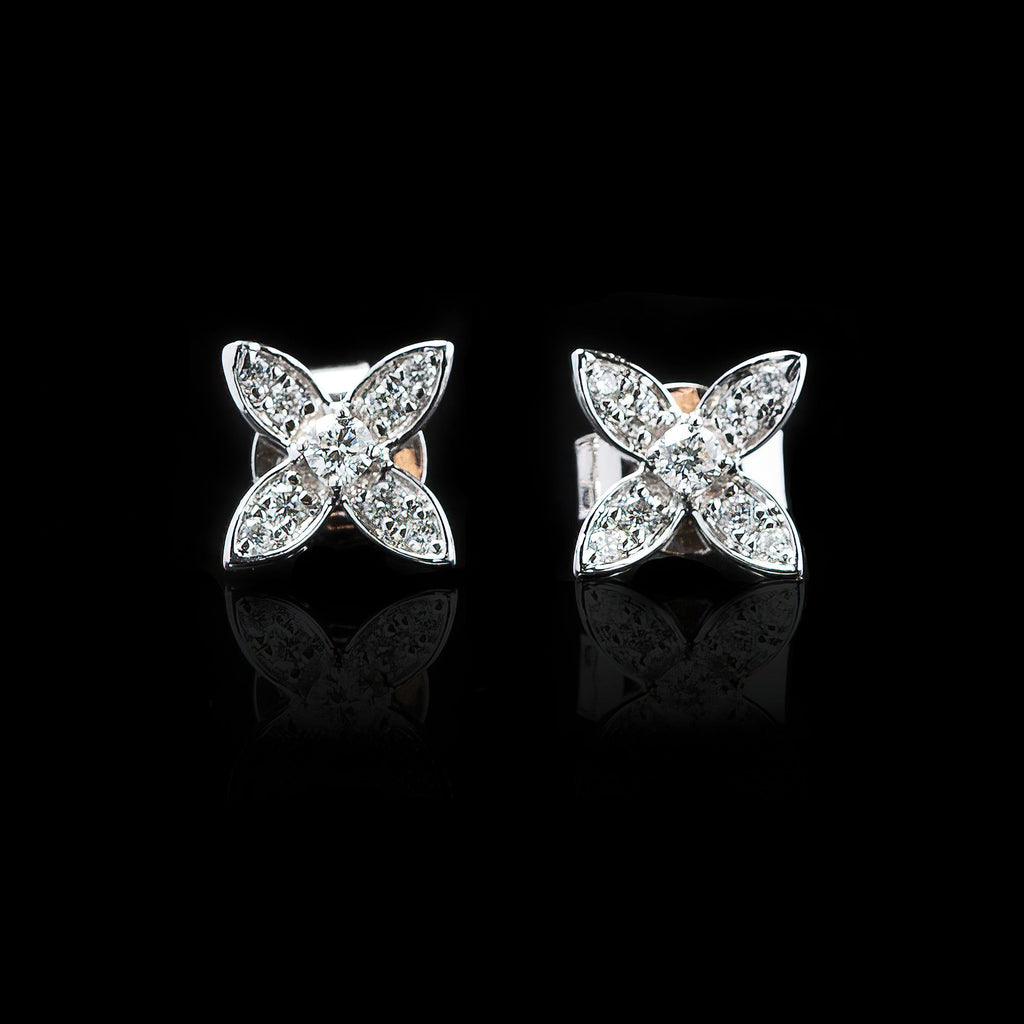 "Four Petal Flower" Diamond White Gold Earrings