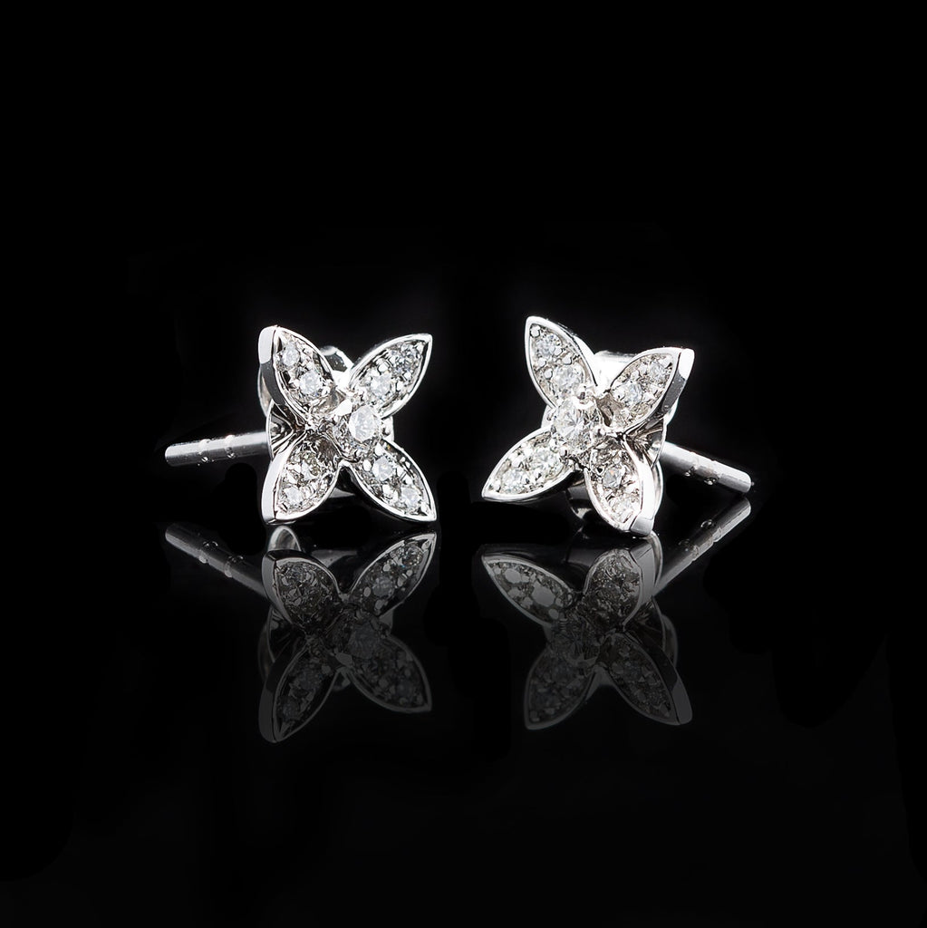 "Four Petal Flower" Diamond White Gold Earrings