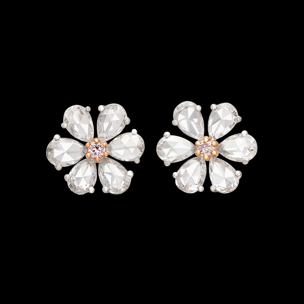 White & Pink Diamond Floral Stud Earrings