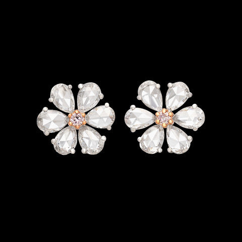 White & Pink Diamond Floral Stud Earrings