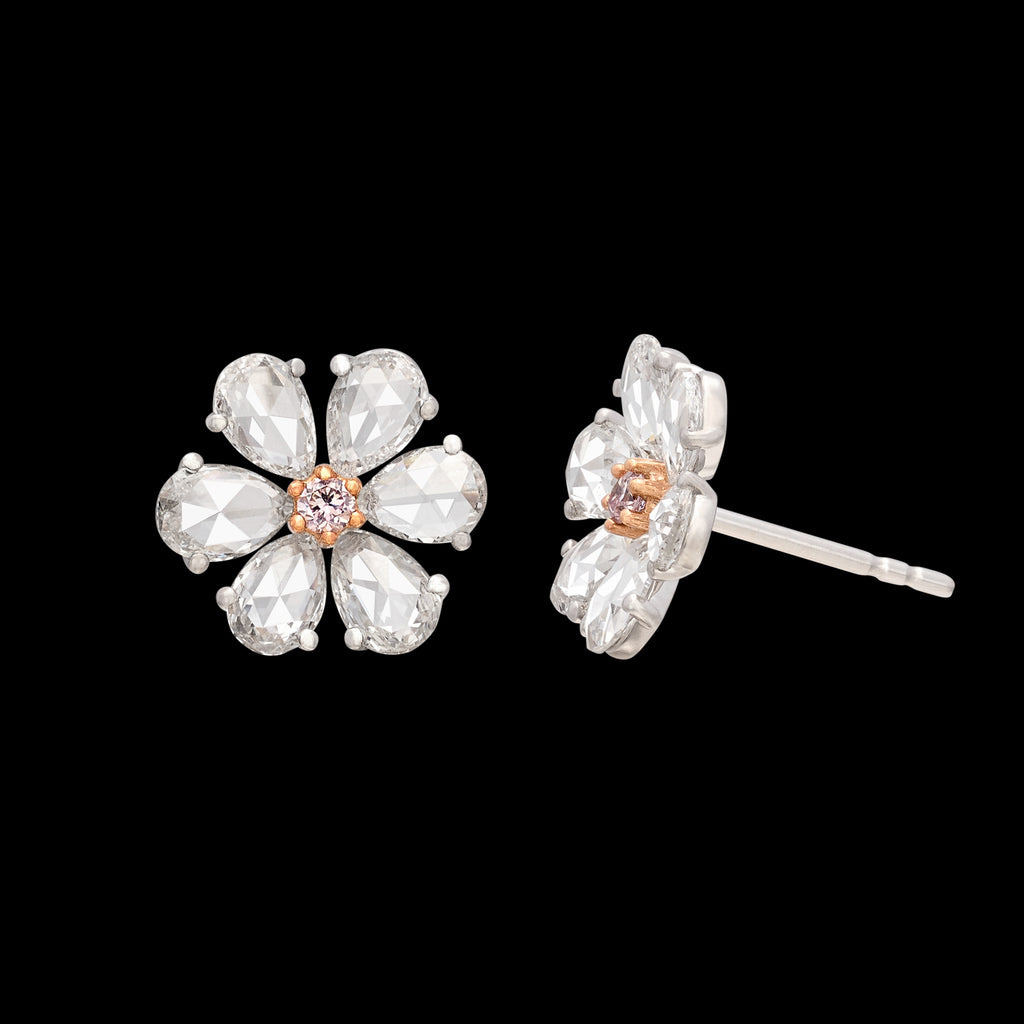 White & Pink Diamond Floral Stud Earrings