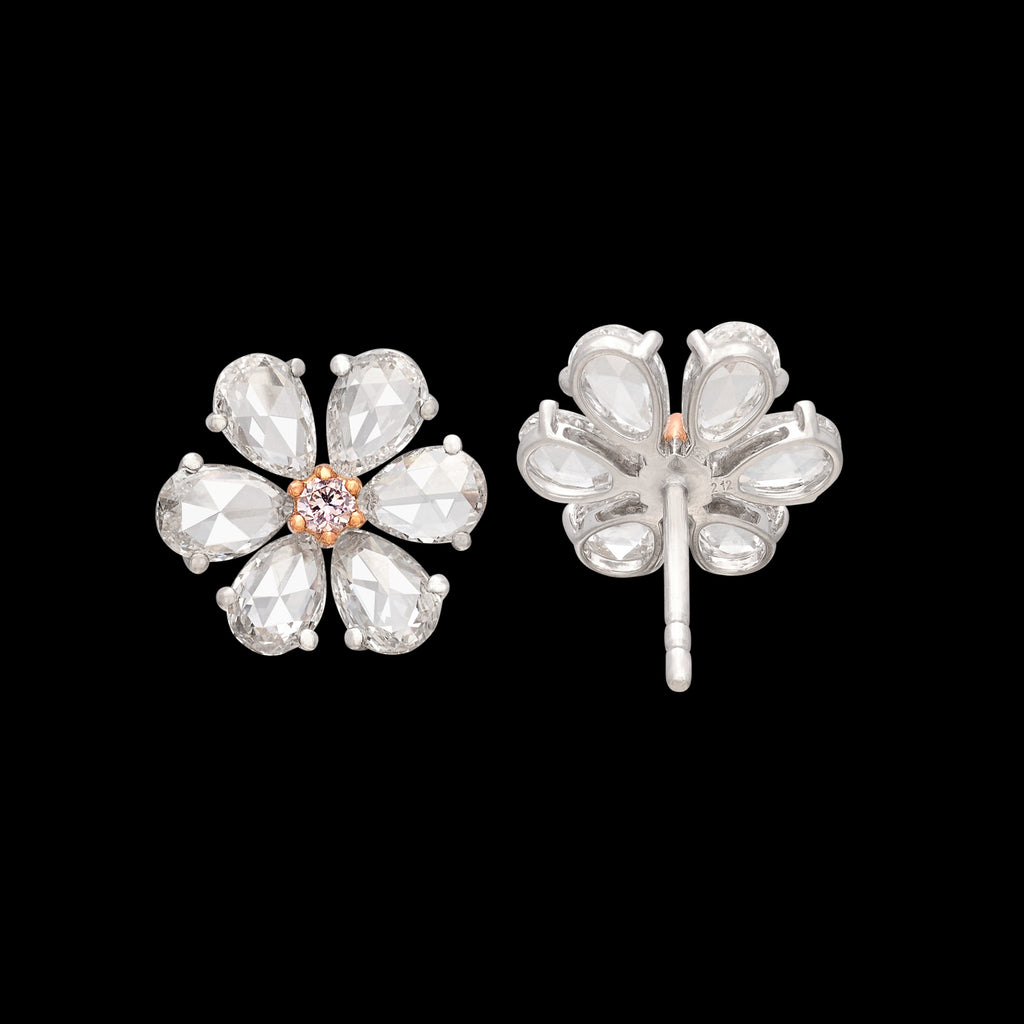 White & Pink Diamond Floral Stud Earrings
