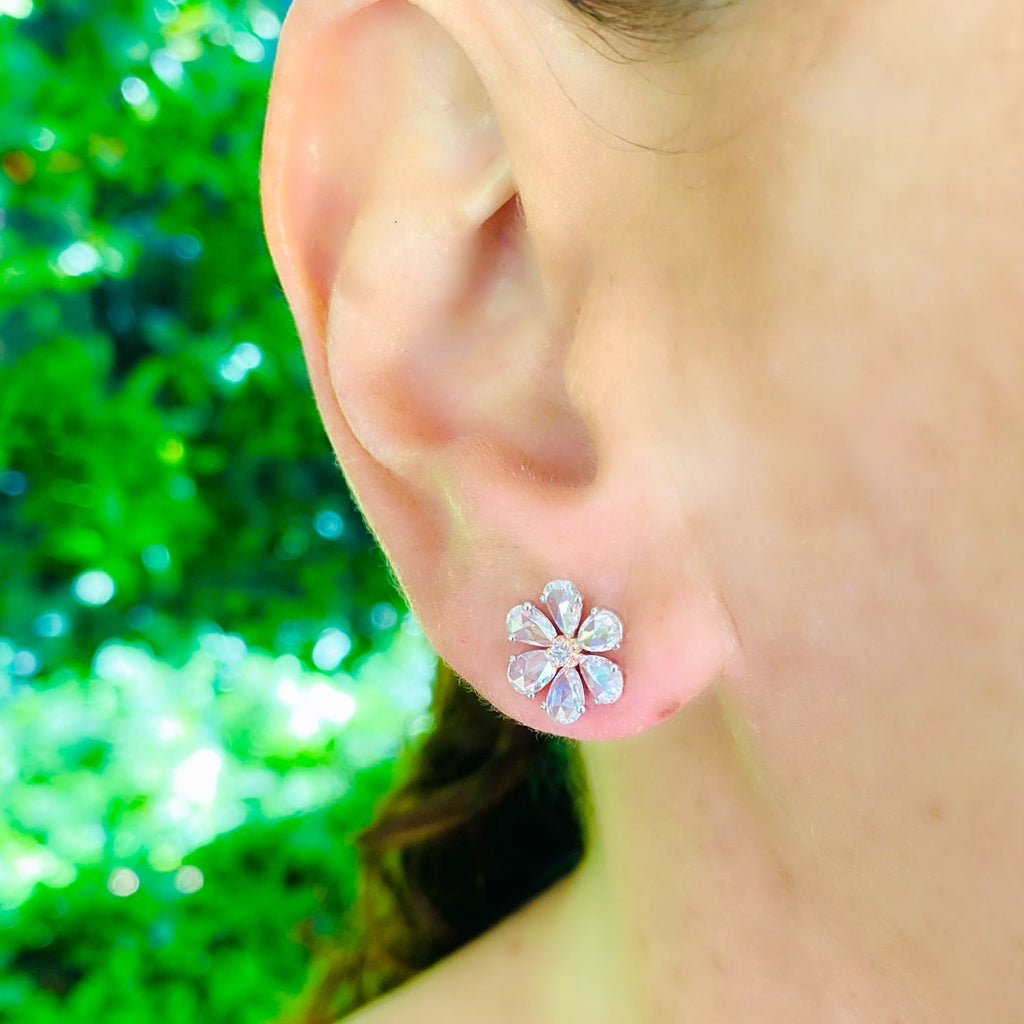 White & Pink Diamond Floral Stud Earrings