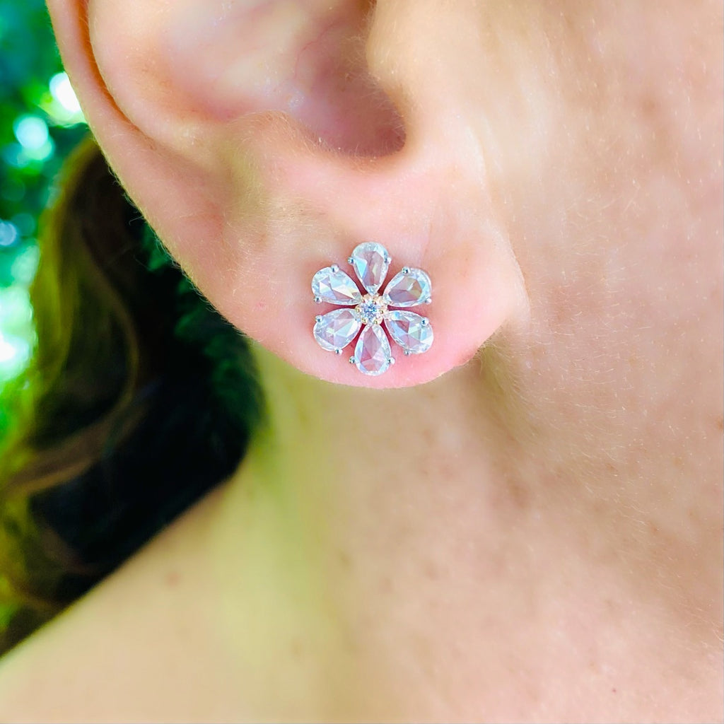 White & Pink Diamond Floral Stud Earrings
