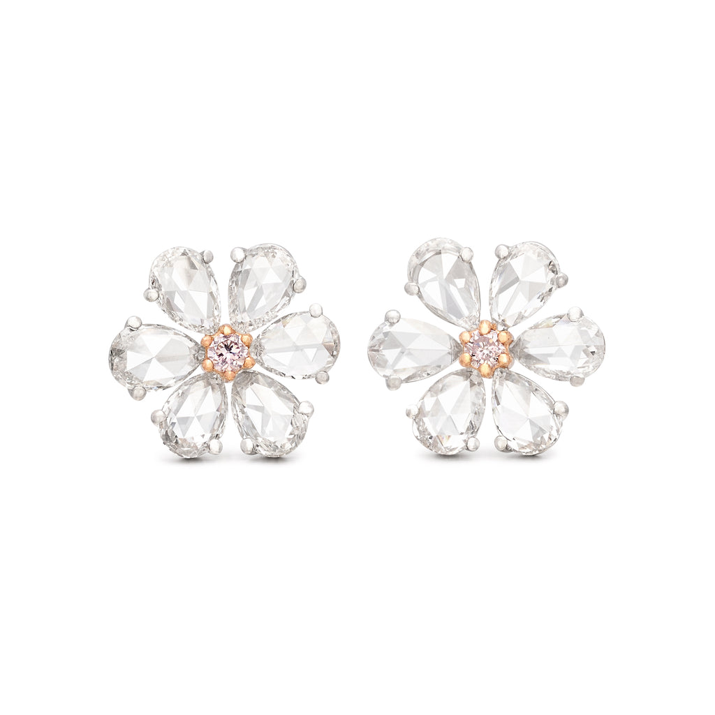 White & Pink Diamond Floral Stud Earrings