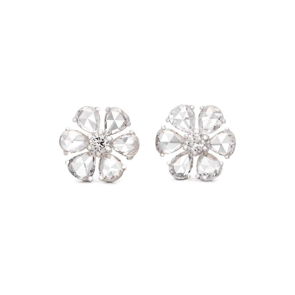 Beautiful Floral Diamond Stud 18k White Gold Earrings