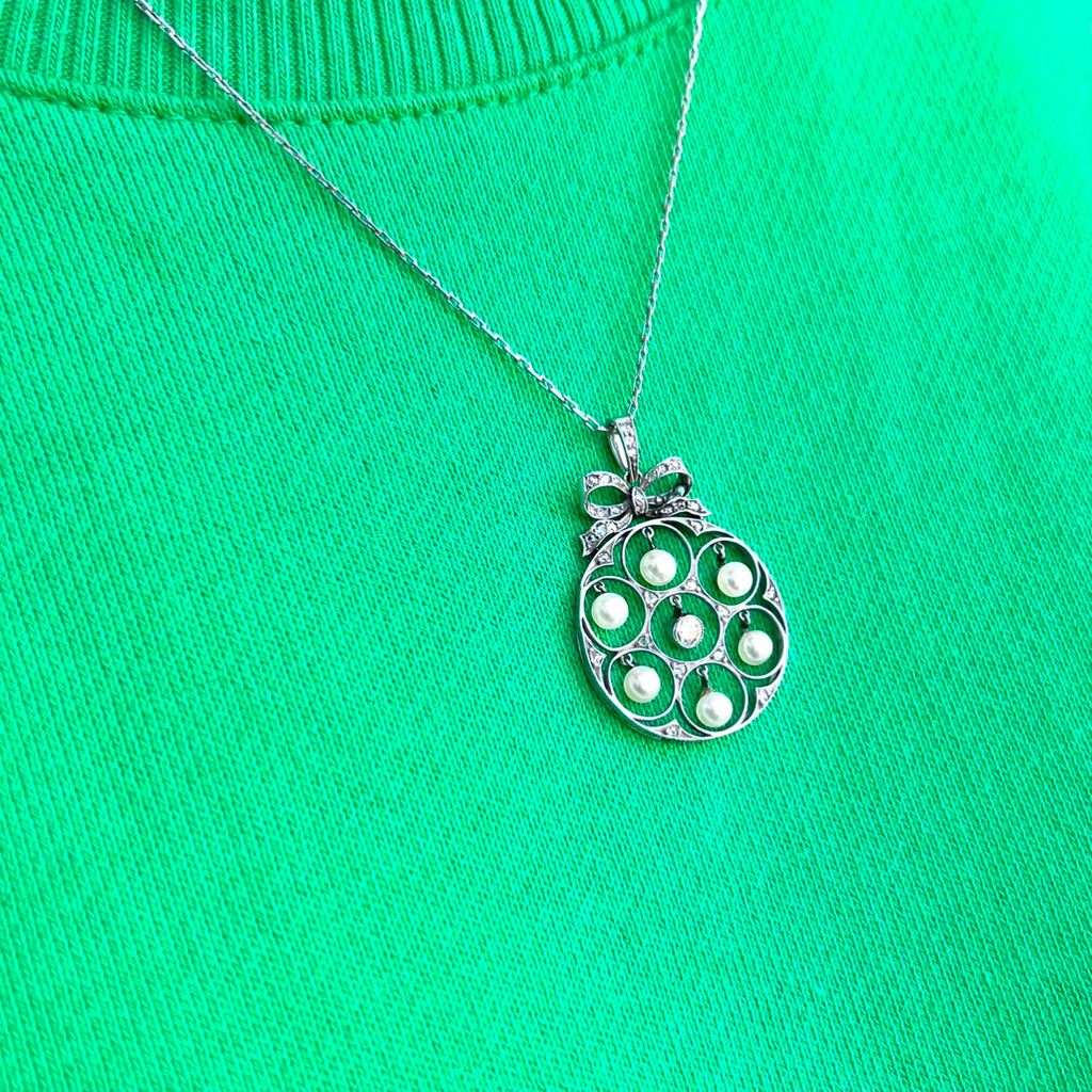 Edwardian Diamond and Pearl Pendant Necklace