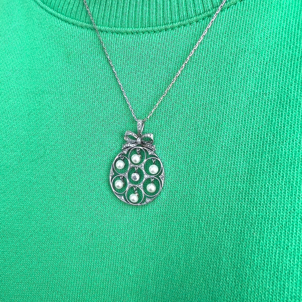 Edwardian Diamond and Pearl Pendant Necklace