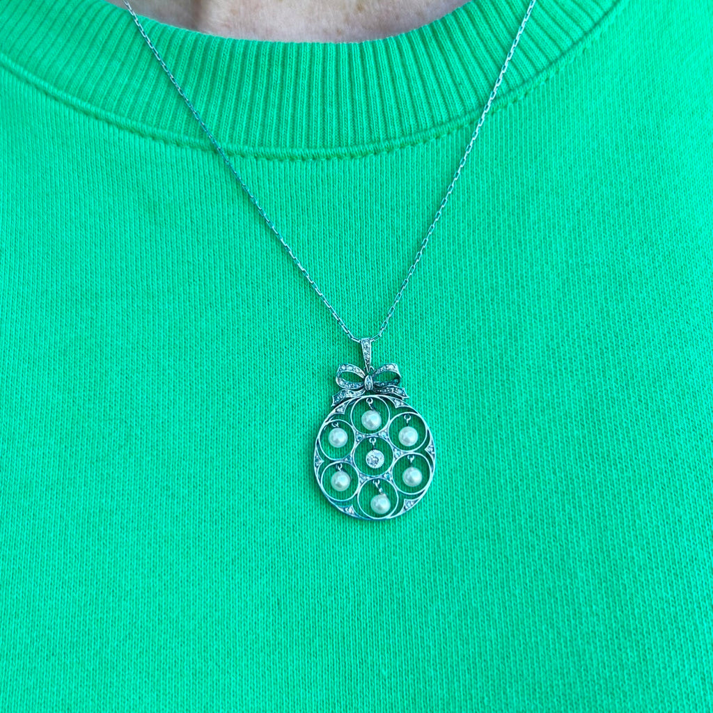 Edwardian Diamond and Pearl Pendant Necklace