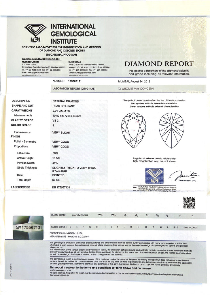 Incredible 2.01 carat Pear Shaped 18k Diamond Ring