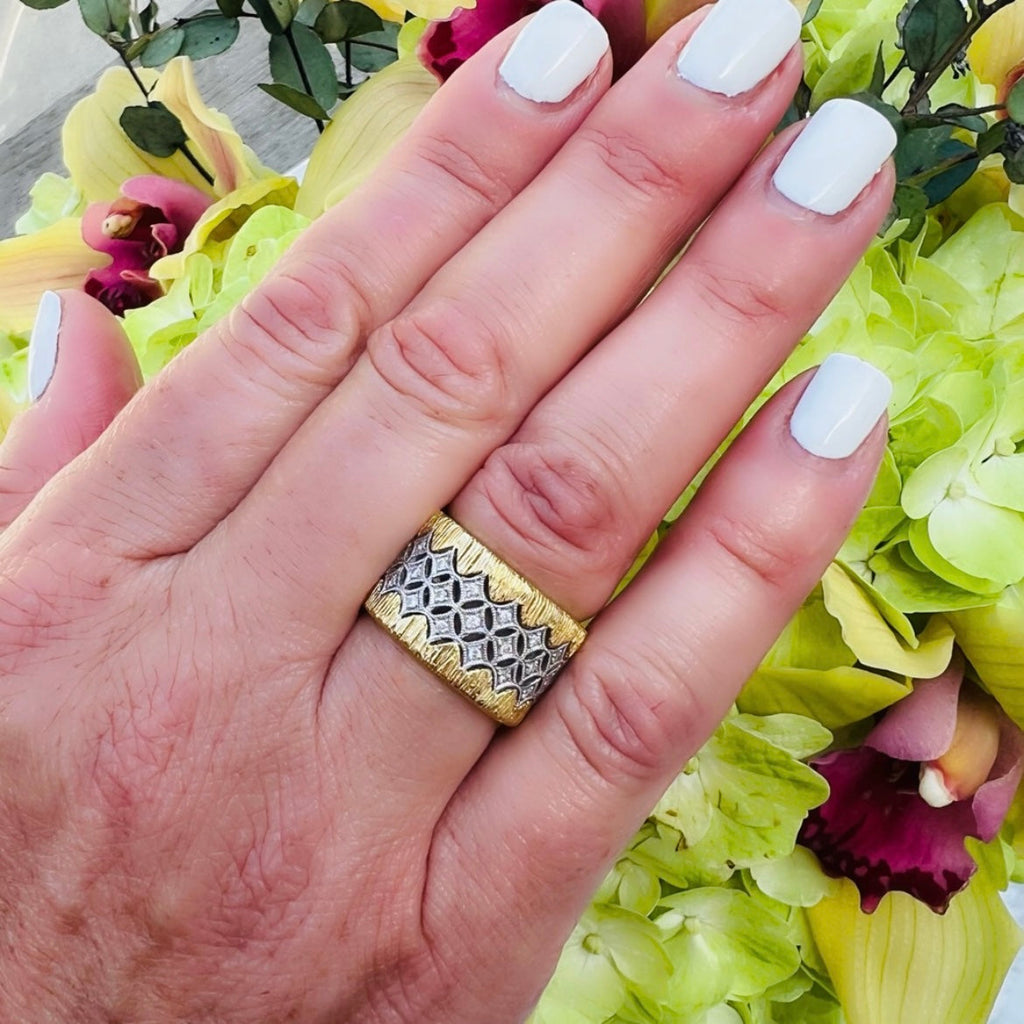 18kt Yellow and White Gold Wide Diamond Band Ring