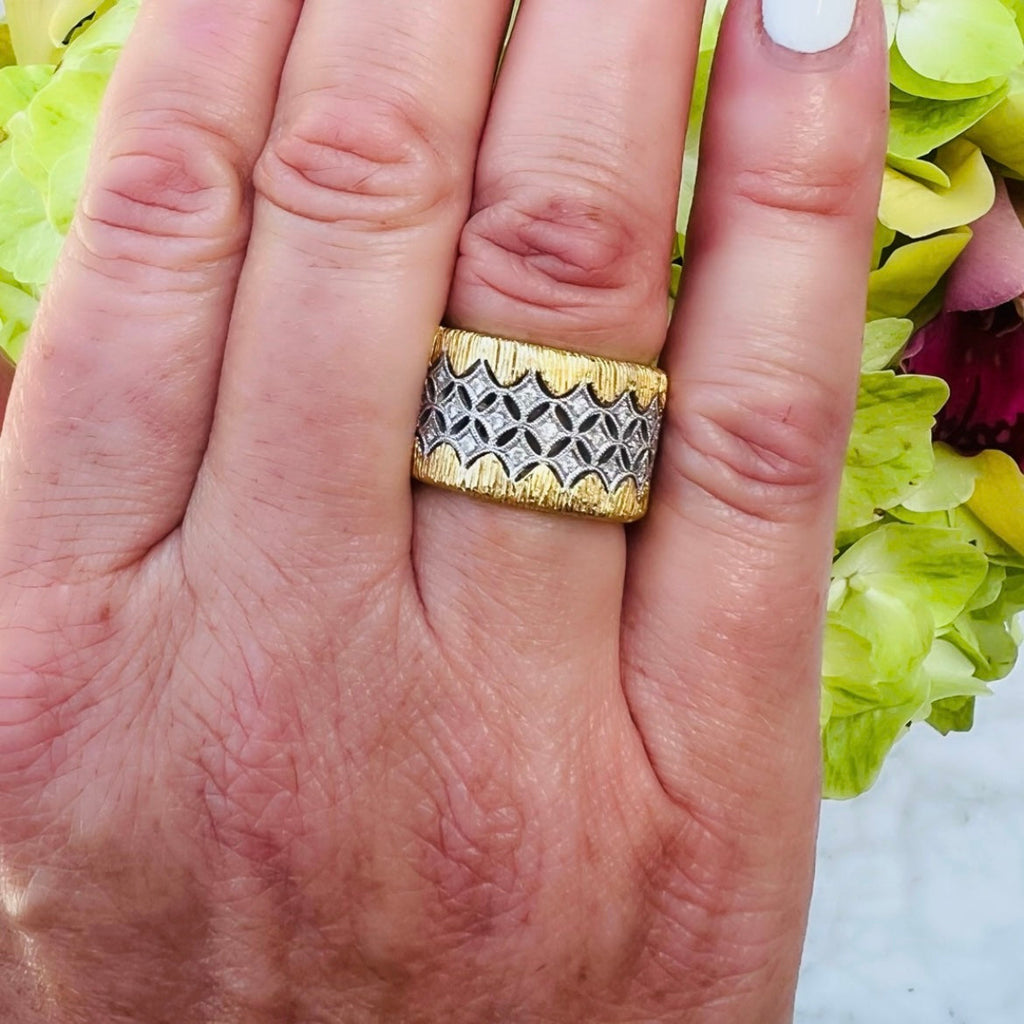 18kt Yellow and White Gold Wide Diamond Band Ring