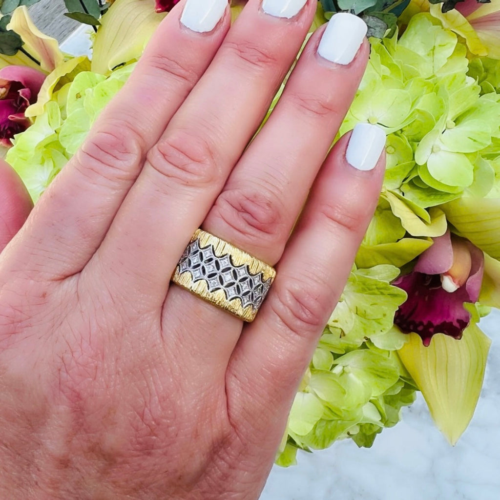 18kt Yellow and White Gold Wide Diamond Band Ring