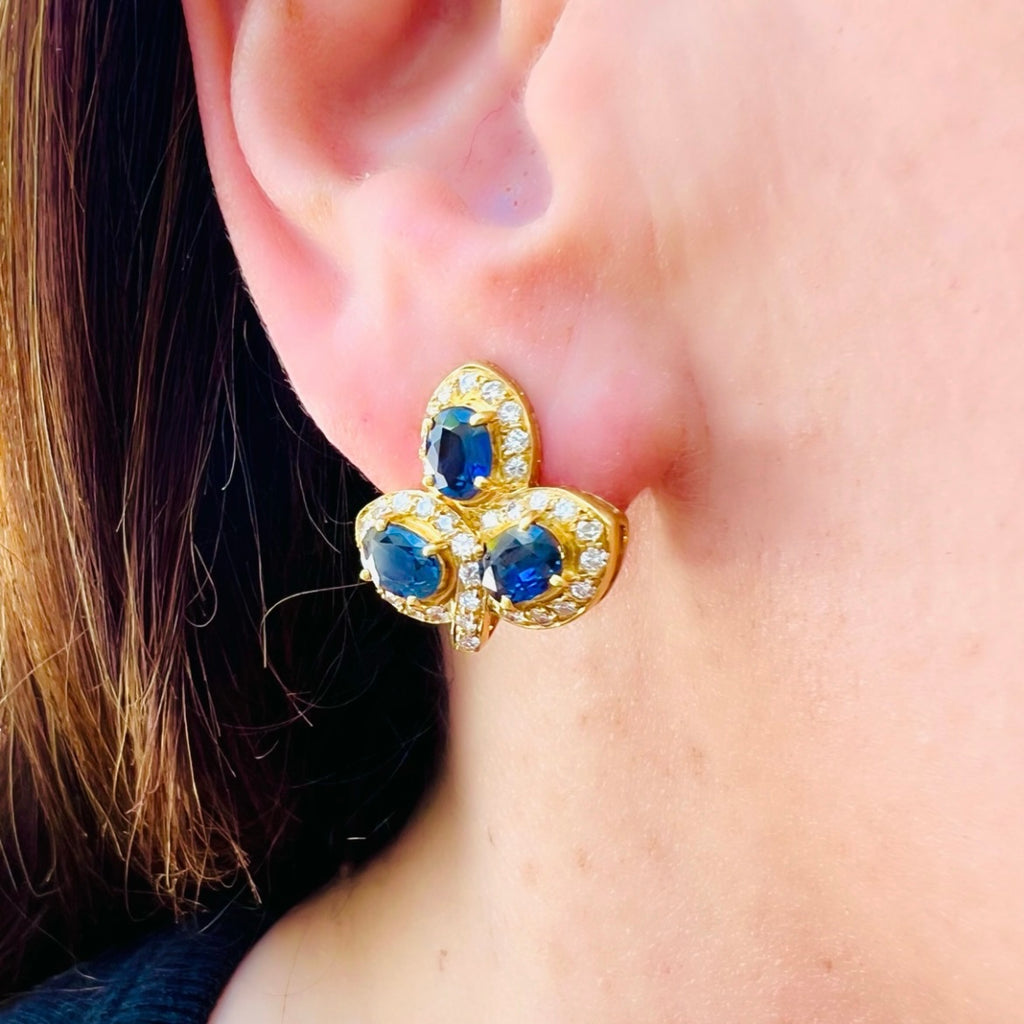 Unique Sapphire & Diamond 18kt Yellow Gold Estate Earrings