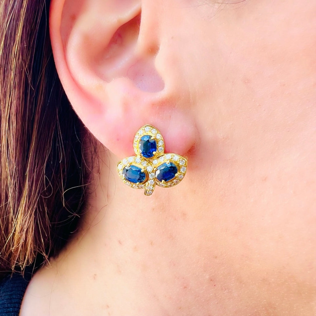 Unique Sapphire & Diamond 18kt Yellow Gold Estate Earrings