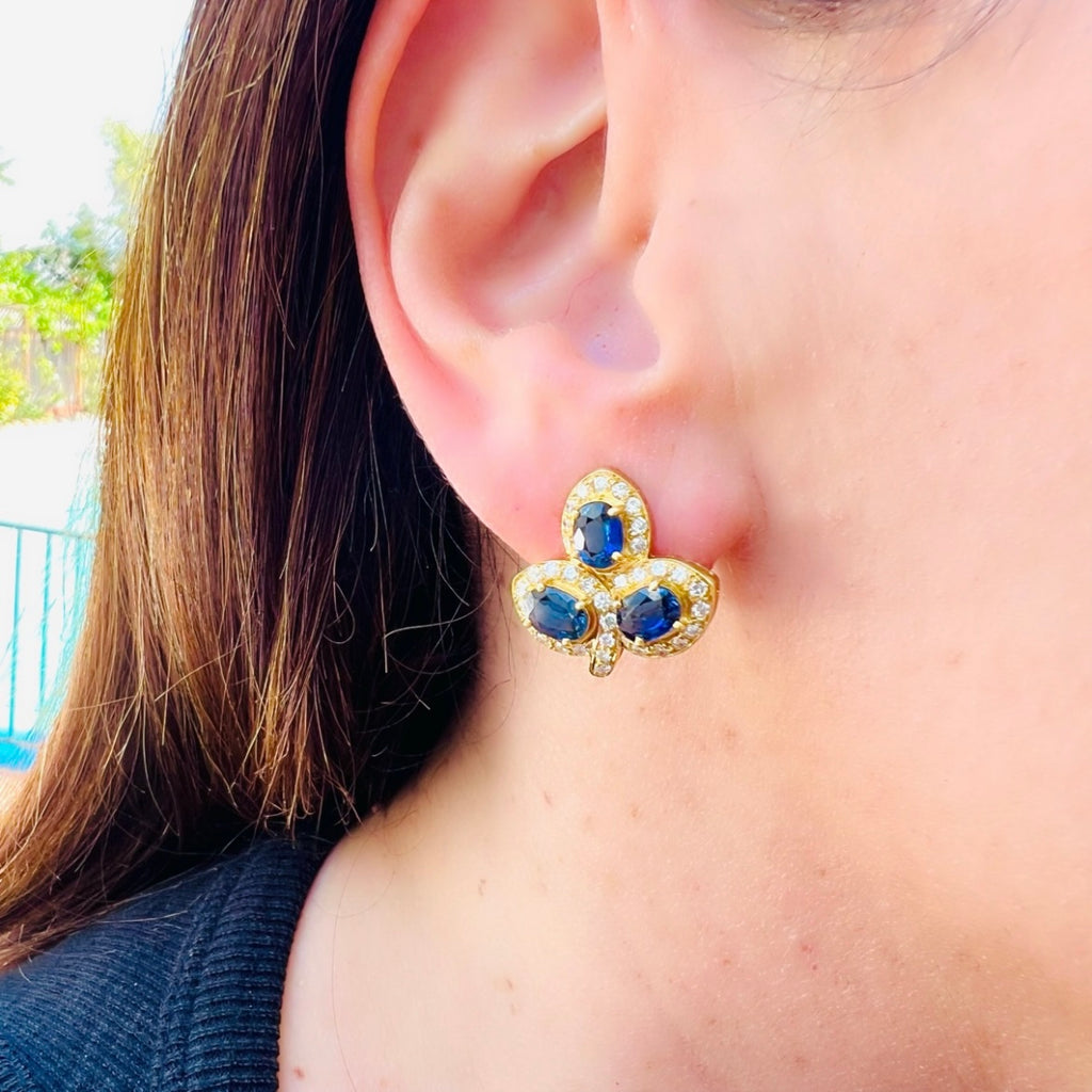 Unique Sapphire & Diamond 18kt Yellow Gold Estate Earrings