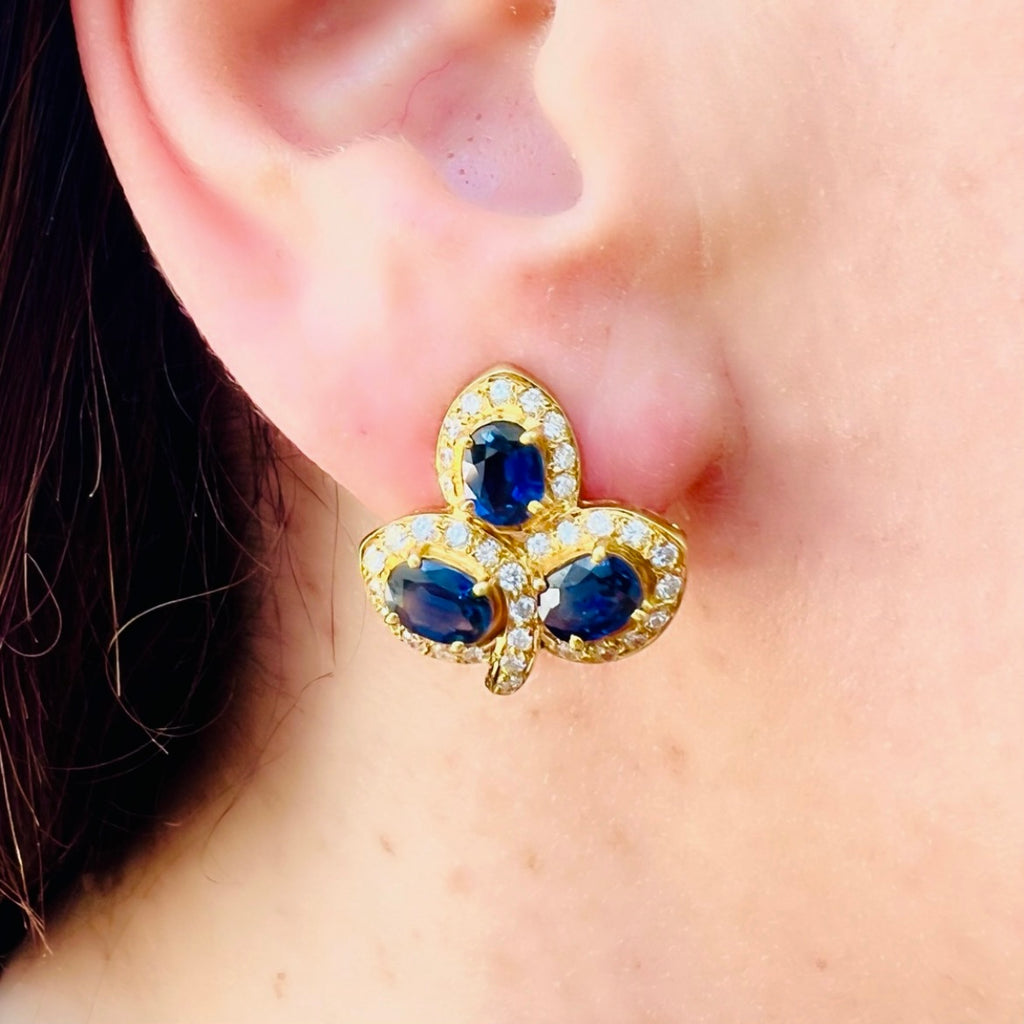 Unique Sapphire & Diamond 18kt Yellow Gold Estate Earrings