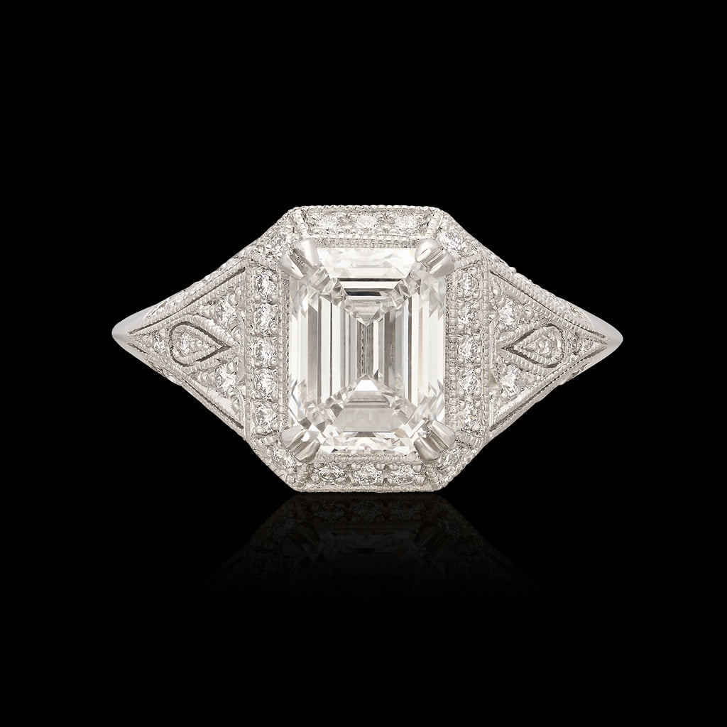 Extraordinary 2.01ct Emerald Cut Art Deco Style Platinum Diamond Ring