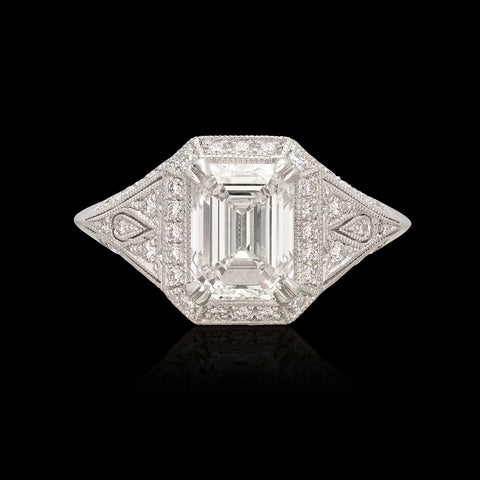 Extraordinary 2.01ct Emerald Cut Art Deco Style Platinum Diamond Ring