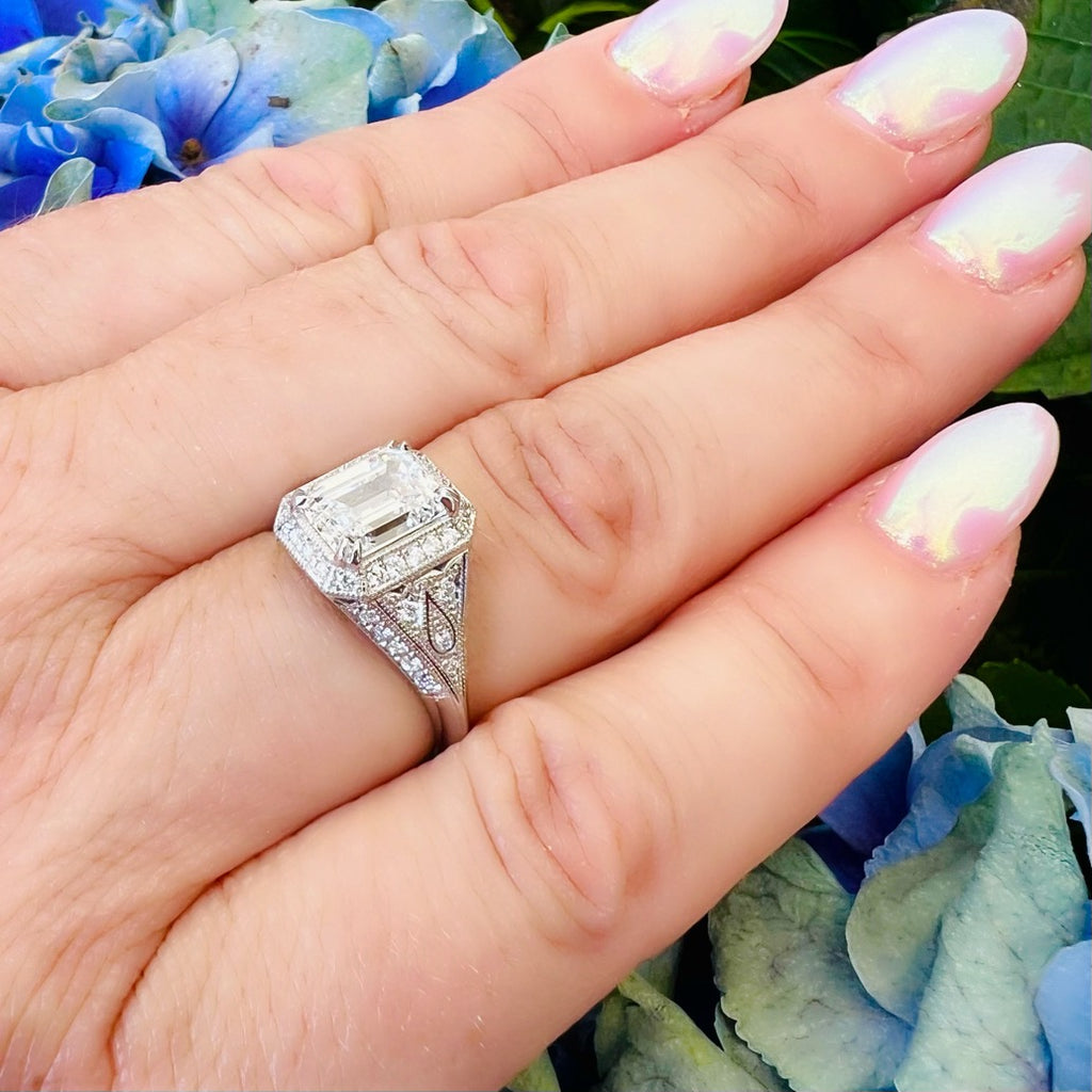 Extraordinary 2.01ct Emerald Cut Art Deco Style Platinum Diamond Ring