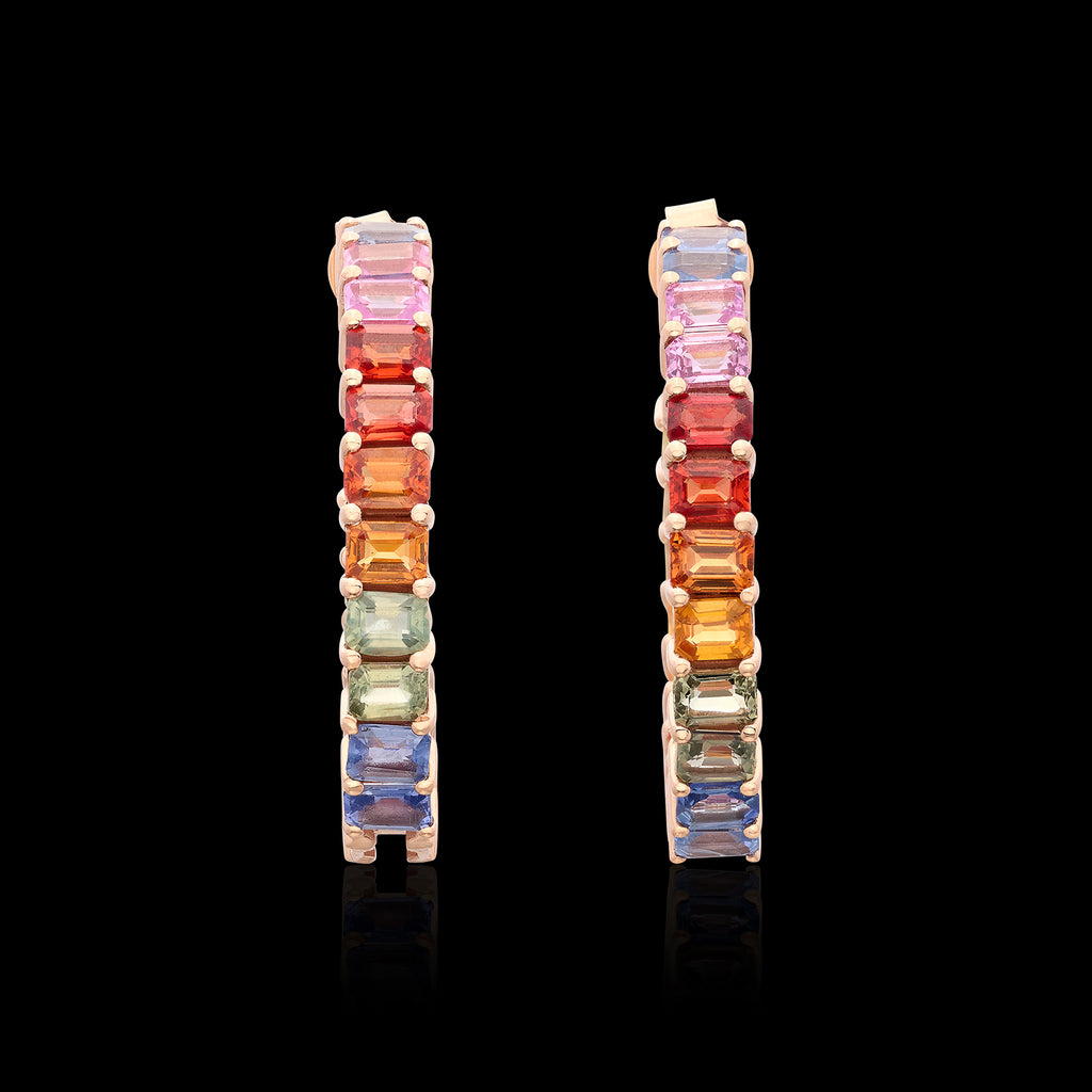 Multi-Color Sapphire & 14k Rose Gold Hoop Earrings