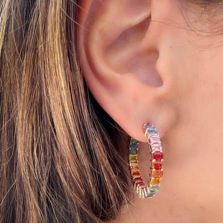 Multi-Color Sapphire & 14k Rose Gold Hoop Earrings