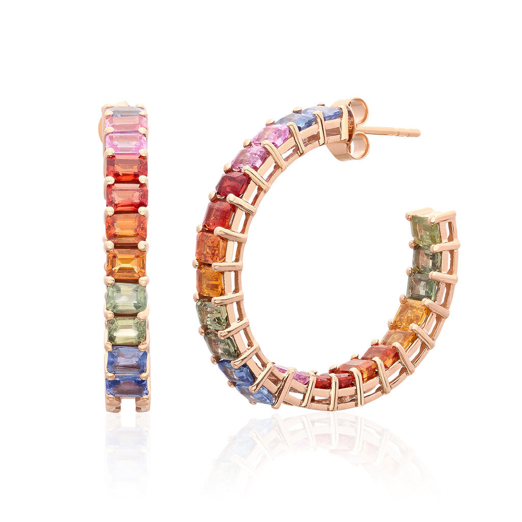 Multi-Color Sapphire & 14k Rose Gold Hoop Earrings