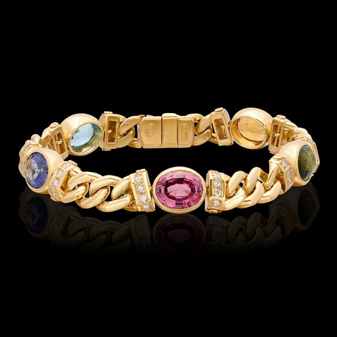 Estate Italian Multi-Color Stone, Diamond & 18k Gold Bracelet