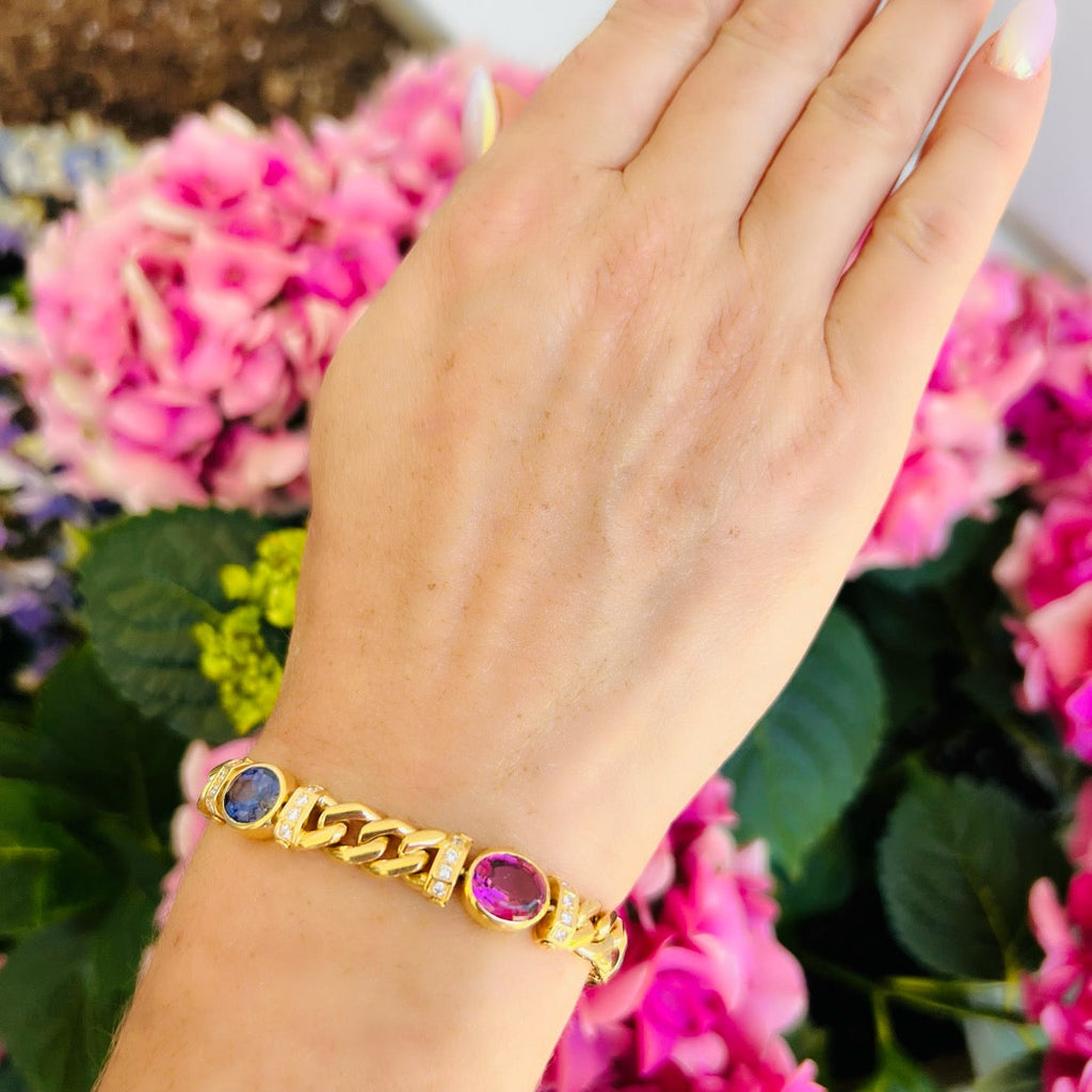 Estate Italian Multi-Color Stone, Diamond & 18k Gold Bracelet