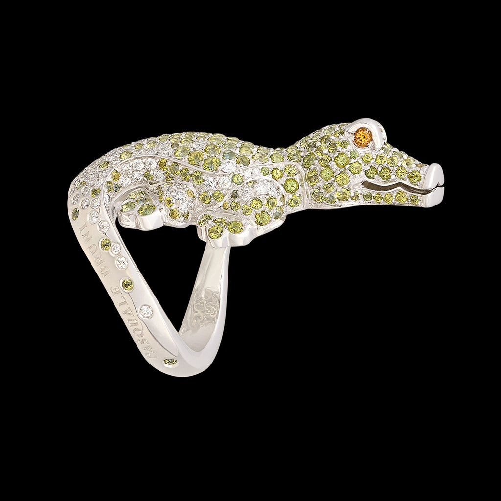 Sculptural Pasquale Bruni Gem-Set & 18k White Gold Crocodile Ring