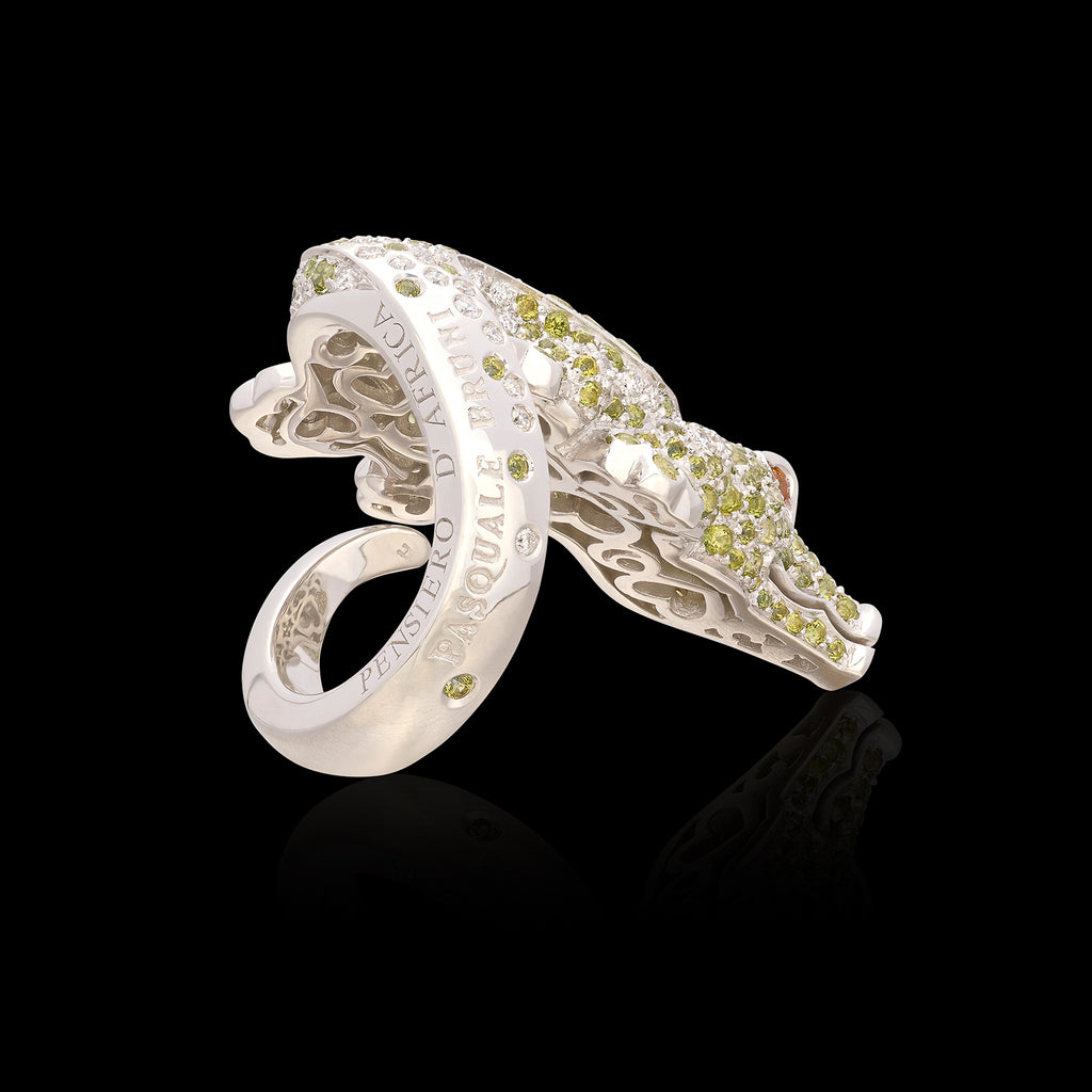Sculptural Pasquale Bruni Gem-Set & 18k White Gold Crocodile Ring