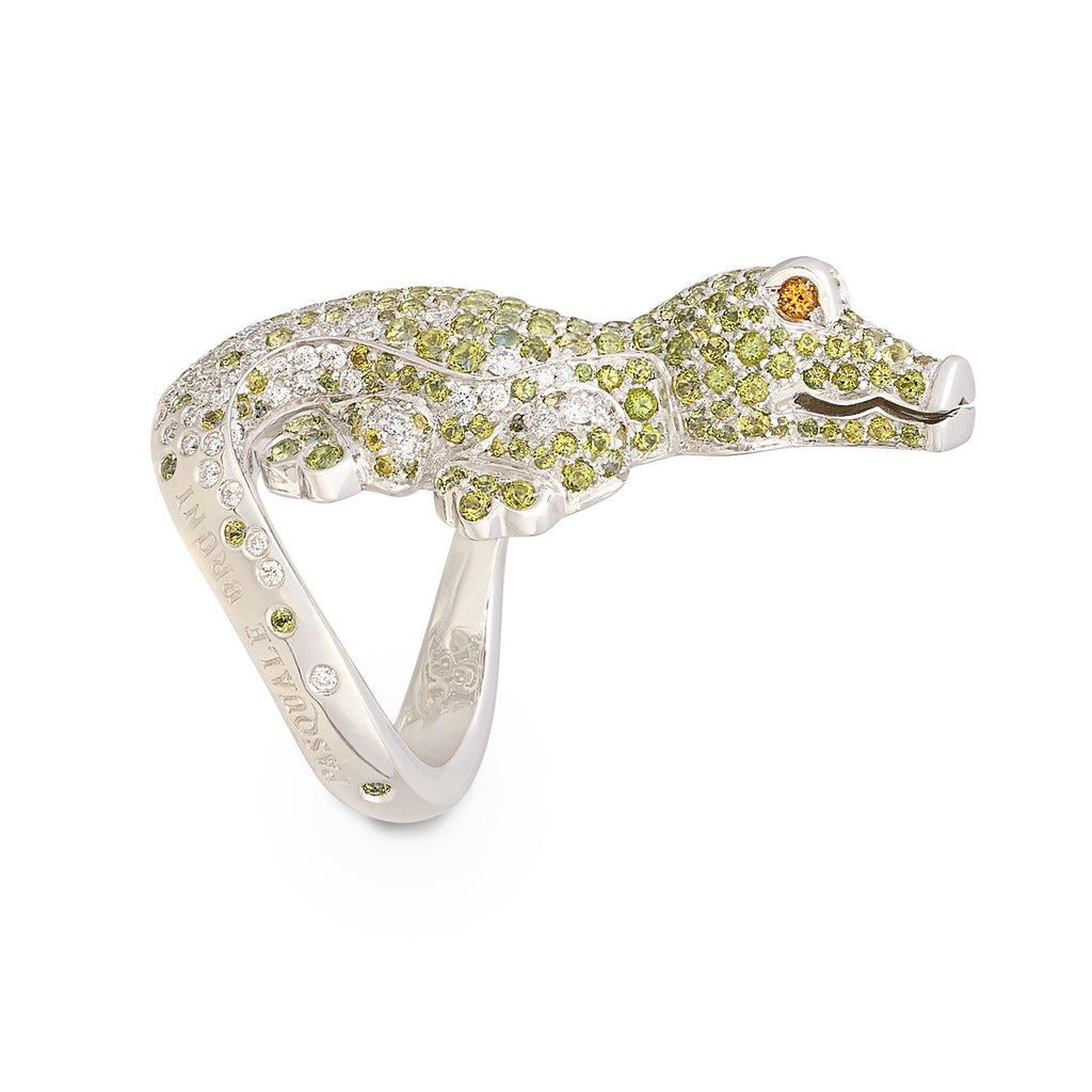 Sculptural Pasquale Bruni Gem-Set & 18k White Gold Crocodile Ring