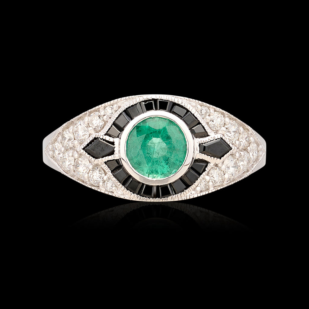 Art Deco Style Emerald, Onyx & Diamond Ring