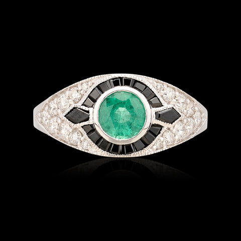 Art Deco Style Emerald, Onyx & Diamond Ring