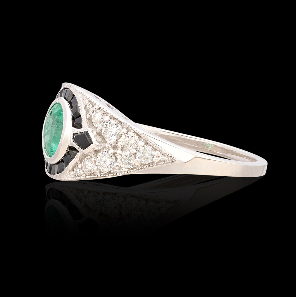 Art Deco Style Emerald, Onyx & Diamond Ring