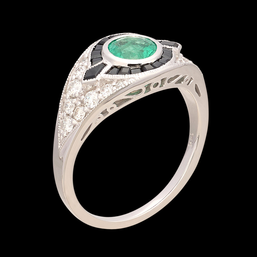 Art Deco Style Emerald, Onyx & Diamond Ring