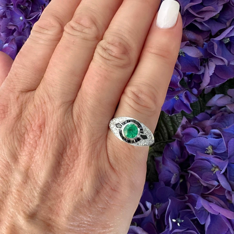 Art Deco Style Emerald, Onyx & Diamond Ring