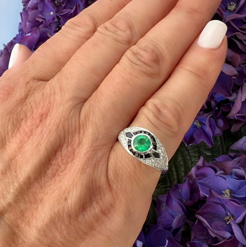 Art Deco Style Emerald, Onyx & Diamond Ring