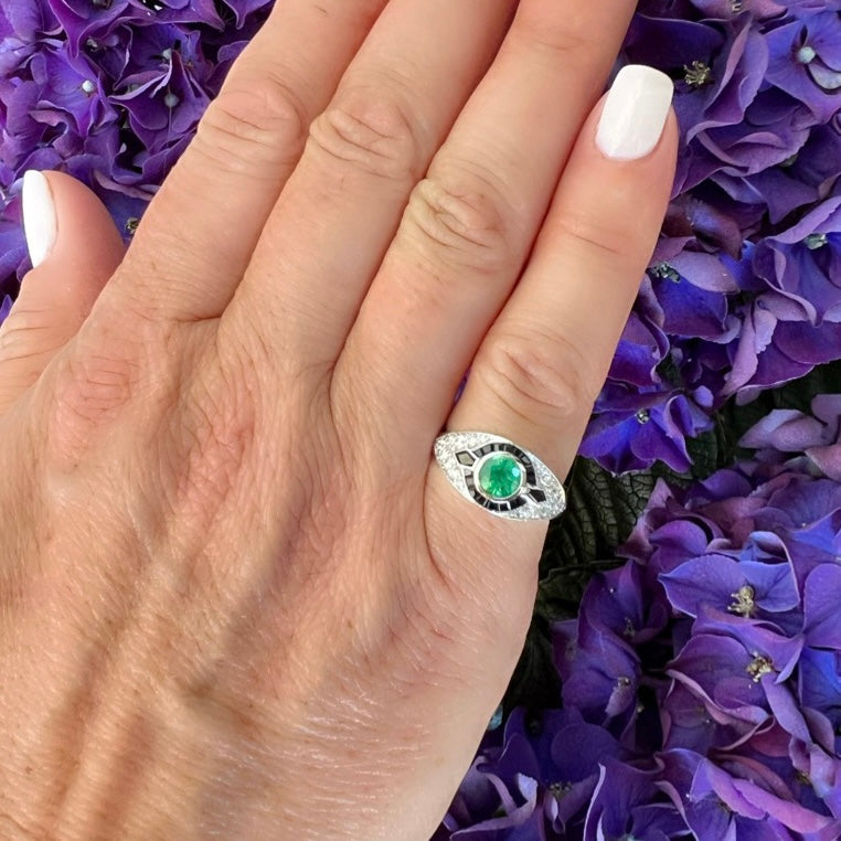 Art Deco Style Emerald, Onyx & Diamond Ring
