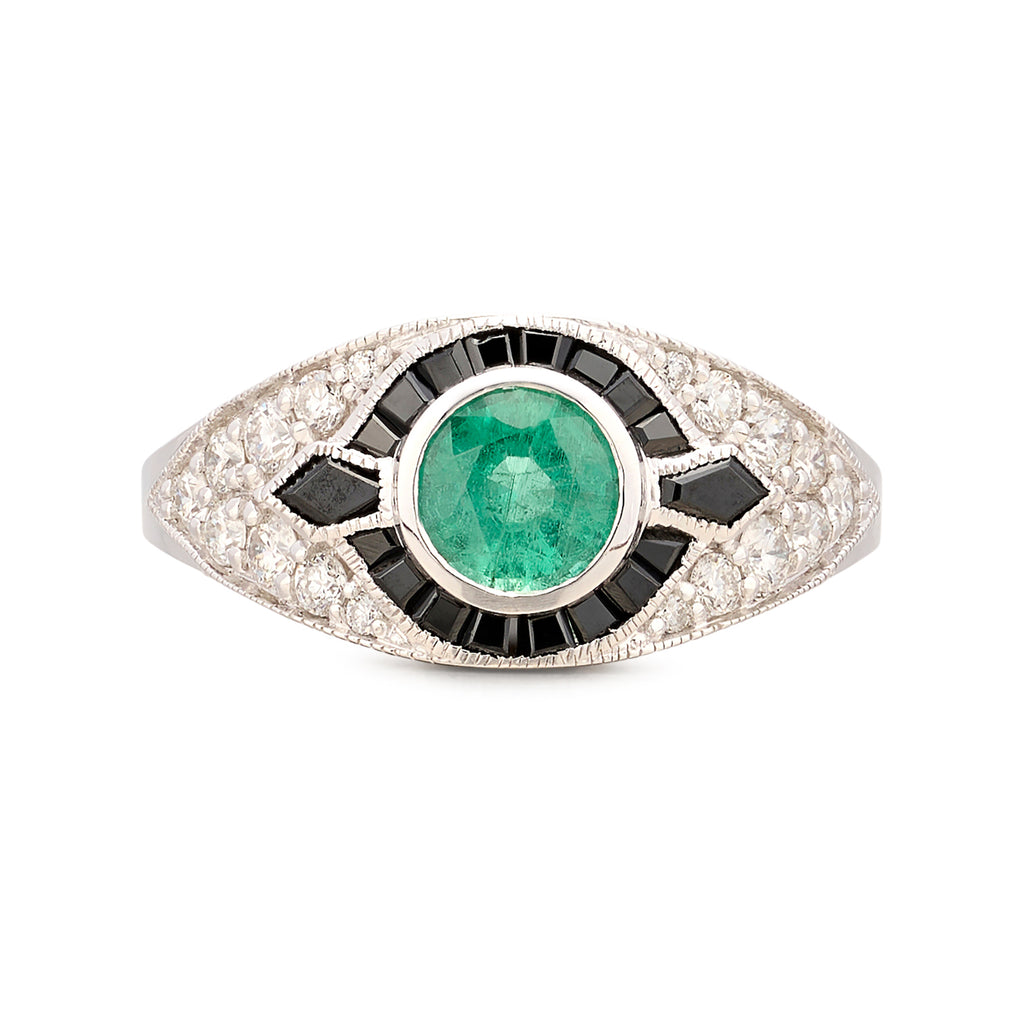 Art Deco Style Emerald, Onyx & Diamond Ring