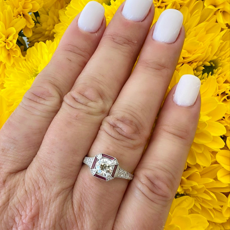 Art Deco Style Diamond & Ruby Engagement Ring