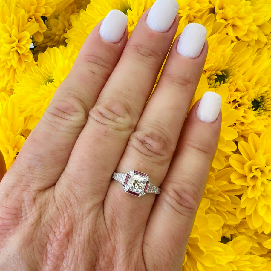 Art Deco Style Diamond & Ruby Engagement Ring