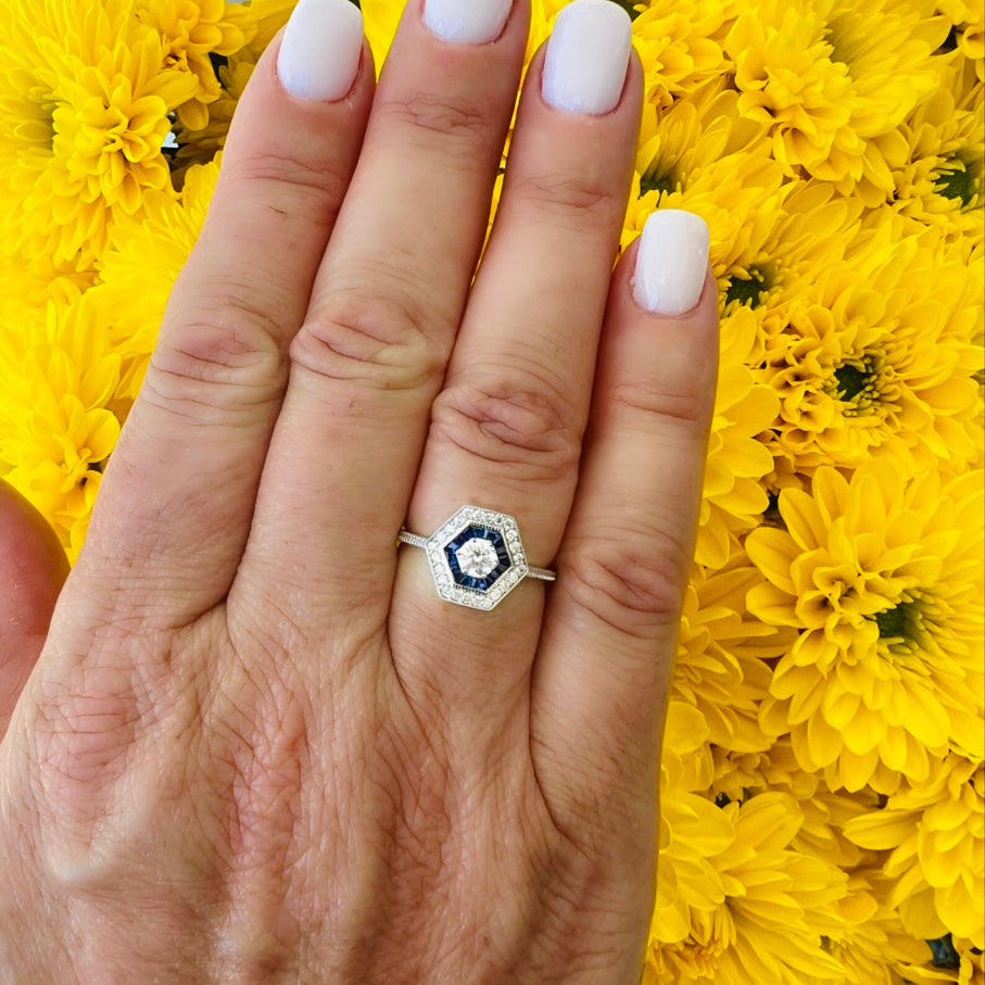 Art Deco Style Diamond & Sapphire Ring