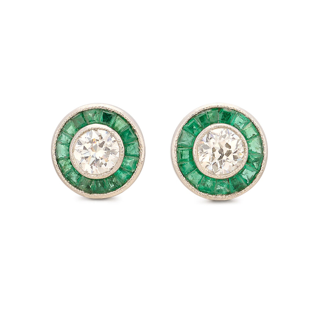 Art Deco Style Emerald & Diamond Stud Earrings